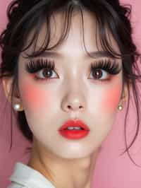 close-up of woman showcasing an Korean-style manga makeup look on woman, featuring oversized, dramatically long eyelashes that create a wide-eyed, whimsical appearance. The look is completed with bold, graphic eyeliner and a subtle blush to enhance the youthful and playful vibe. set against a soft, pastel background