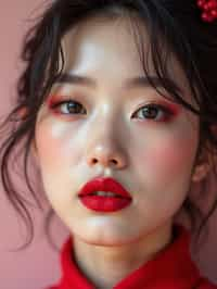 close up of woman with a bold red lipstick and smokey eye makeup. set against a soft, pastel background