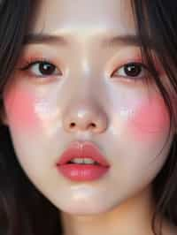 close up of woman with glossy reflective skin with blush and 3d lipgloss. soft pink eyeshadow. eyeliner.