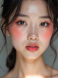 close up of woman with glossy reflective skin with blush and 3d lipgloss. soft pink eyeshadow. eyeliner.