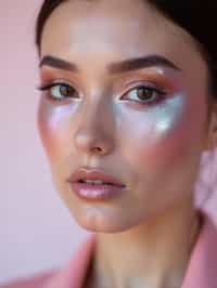 close-up of Futuristic makeup with metallic eyeshadow and sharp contouring. set against a soft, pastel background