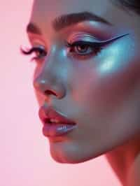 close-up of Futuristic makeup with metallic eyeshadow and sharp contouring. set against a soft, pastel background