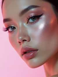 close-up of Futuristic makeup with metallic eyeshadow and sharp contouring. set against a soft, pastel background