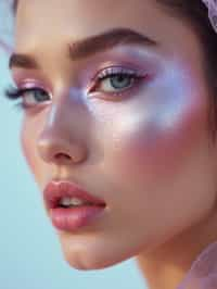 close-up of Futuristic makeup with metallic eyeshadow and sharp contouring. set against a soft, pastel background