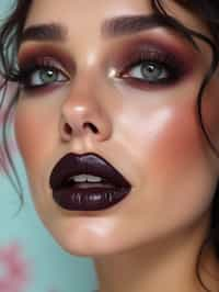 close-up of Edgy makeup look with dark, glossy lips and contoured cheeks. set against a soft, pastel background