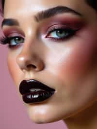 close-up of Edgy makeup look with dark, glossy lips and contoured cheeks. set against a soft, pastel background