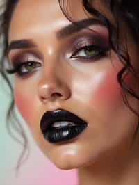 close-up of Edgy makeup look with dark, glossy lips and contoured cheeks. set against a soft, pastel background