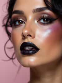 close-up of Edgy makeup look with dark, glossy lips and contoured cheeks. set against a soft, pastel background