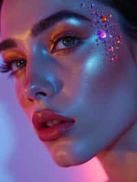 close-up of Artistic makeup with face jewels and iridescent highlighter, captured under a UV light for a glowing effect. set against a soft, pastel background