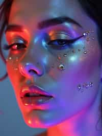 close-up of Artistic makeup with face jewels and iridescent highlighter, captured under a UV light for a glowing effect. set against a soft, pastel background