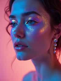 close-up of Artistic makeup with face jewels and iridescent highlighter, captured under a UV light for a glowing effect. set against a soft, pastel background