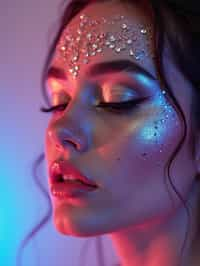 close-up of Artistic makeup with face jewels and iridescent highlighter, captured under a UV light for a glowing effect. set against a soft, pastel background