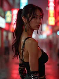 a detailed portrait of intelligent woman actress standing in street wearing stockings garter straps suspenders lingerie pvc latex lingerie, in a cyberpunk bladerunner vaporwave city, (cyberpunk), city from year 2300, red lights neon with prosthetic robot arm cybernetic