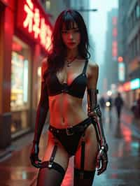 a detailed portrait of intelligent woman actress standing in street wearing stockings garter straps suspenders lingerie pvc latex lingerie, in a cyberpunk bladerunner vaporwave city, (cyberpunk), city from year 2300, red lights neon with prosthetic robot arm cybernetic