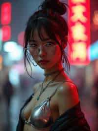 a detailed portrait of intelligent woman actress with thin frame hipster glasses wearing silver bikini and jacket, in a cyberpunk bladerunner vaporwave city, (cyberpunk), city from year 2300, red lights neon, 90s hair bun style, 