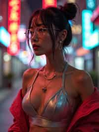 a detailed portrait of intelligent woman actress with thin frame hipster glasses wearing silver bikini and jacket, in a cyberpunk bladerunner vaporwave city, (cyberpunk), city from year 2300, red lights neon, 90s hair bun style, 