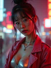 a detailed portrait of intelligent woman actress with thin frame hipster glasses wearing silver bikini and jacket, in a cyberpunk bladerunner vaporwave city, (cyberpunk), city from year 2300, red lights neon, 90s hair bun style, 