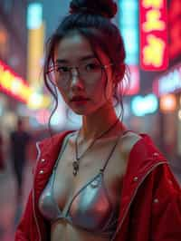 a detailed portrait of intelligent woman actress with thin frame hipster glasses wearing silver bikini and jacket, in a cyberpunk bladerunner vaporwave city, (cyberpunk), city from year 2300, red lights neon, 90s hair bun style, 