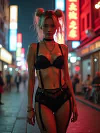 a detailed portrait of intelligent woman actress standing in street wearing fishnet stockings garter straps suspenders black lingerie silk lingerie black, in a cyberpunk bladerunner vaporwave city, (cyberpunk), city from year 2300, red lights neon, blonde double hair bun