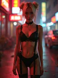 a detailed portrait of intelligent woman actress standing in street wearing fishnet stockings garter straps suspenders black lingerie silk lingerie black, in a cyberpunk bladerunner vaporwave city, (cyberpunk), city from year 2300, red lights neon, blonde double hair bun