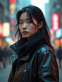 a detailed portrait of hot sexy woman actress wearing jacket, standing in street pose for photo, confident, in a cyberpunk bladerunner vaporwave city, (cyberpunk), city from year 2300