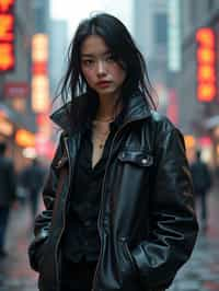 a detailed portrait of hot sexy woman actress wearing jacket, standing in street pose for photo, confident, in a cyberpunk bladerunner vaporwave city, (cyberpunk), city from year 2300