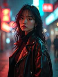 a detailed portrait of hot sexy woman actress wearing jacket, standing in street pose for photo, confident, in a cyberpunk bladerunner vaporwave city, (cyberpunk), city from year 2300