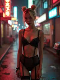 a detailed portrait of intelligent woman actress standing in street wearing black stockings garter straps suspenders black lingerie pvx latex lingerie black, in a cyberpunk bladerunner vaporwave city, (cyberpunk), city from year 2300, red lights neon, blonde double hair bun