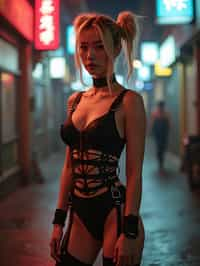 a detailed portrait of intelligent woman actress standing in street wearing black stockings garter straps suspenders black lingerie pvx latex lingerie black, in a cyberpunk bladerunner vaporwave city, (cyberpunk), city from year 2300, red lights neon, blonde double hair bun