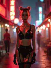 a detailed portrait of intelligent woman actress standing in street wearing black stockings garter straps suspenders black lingerie pvx latex lingerie black, in a cyberpunk bladerunner vaporwave city, (cyberpunk), city from year 2300, red lights neon, blonde double hair bun