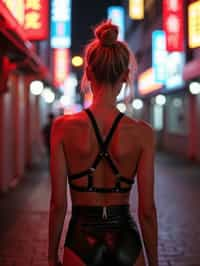 a detailed portrait of intelligent woman actress standing in street wearing black stockings garter straps suspenders black lingerie pvx latex lingerie black, in a cyberpunk bladerunner vaporwave city, (cyberpunk), city from year 2300, red lights neon, blonde double hair bun