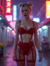 a detailed portrait of sexy intelligent hot glamour woman standing wide legged strike a pose in street wearing (red fishnet red pantyhose stockings) garter straps suspenders red lingerie harness red lingerie lingerie red, in a cyberpunk bladerunner vaporwave city, (cyberpunk), city from year 2300, purple blue lights neon, blonde double hair bun, hourglass figure