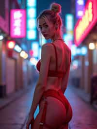 a detailed portrait of sexy intelligent hot glamour woman standing wide legged strike a pose in street wearing (red fishnet red pantyhose stockings) garter straps suspenders red lingerie harness red lingerie lingerie red, in a cyberpunk bladerunner vaporwave city, (cyberpunk), city from year 2300, purple blue lights neon, blonde double hair bun, hourglass figure