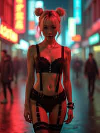 a detailed portrait of intelligent woman actress standing in street wearing black stockings garter straps suspenders black lingerie silk lingerie black, in a cyberpunk bladerunner vaporwave city, (cyberpunk), city from year 2300, red lights neon, blonde double hair bun