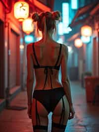 a detailed portrait of intelligent woman actress standing in street wearing black stockings garter straps suspenders black lingerie silk lingerie black, in a cyberpunk bladerunner vaporwave city, (cyberpunk), city from year 2300, red lights neon, blonde double hair bun