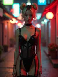 a detailed portrait of intelligent woman actress standing in street wearing black stockings garter straps suspenders black lingerie silk lingerie black, in a cyberpunk bladerunner vaporwave city, (cyberpunk), city from year 2300, red lights neon, blonde double hair bun