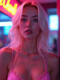 woman with platinum blonde hair, in neon bar, cyberpunk, pink latex bikini or bathing suit, professional award winning photography, beautiful detailed eyes, highly detailed glossy eyes, high detailed skin, skin pores