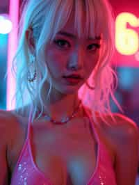 woman with platinum blonde hair, in neon bar, cyberpunk, pink latex bikini or bathing suit, professional award winning photography, beautiful detailed eyes, highly detailed glossy eyes, high detailed skin, skin pores