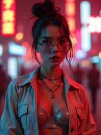 a detailed portrait of intelligent woman actress with thin frame hipster glasses wearing silver bikini and jacket, in a cyberpunk bladerunner vaporwave city, (cyberpunk), city from year 2300, red lights neon, 90s hair bun style, 