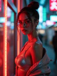 a detailed portrait of intelligent woman actress with thin frame hipster glasses wearing silver bikini and jacket, in a cyberpunk bladerunner vaporwave city, (cyberpunk), city from year 2300, red lights neon, 90s hair bun style, 