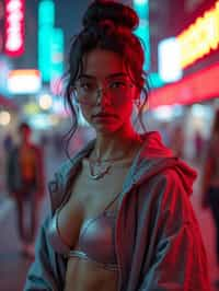 a detailed portrait of intelligent woman actress with thin frame hipster glasses wearing silver bikini and jacket, in a cyberpunk bladerunner vaporwave city, (cyberpunk), city from year 2300, red lights neon, 90s hair bun style, 