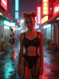 a detailed portrait of intelligent woman actress standing in street wearing fishnet stockings garter straps suspenders black lingerie silk lingerie black, in a cyberpunk bladerunner vaporwave city, (cyberpunk), city from year 2300, red lights neon, blonde double hair bun