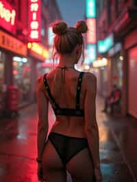 a detailed portrait of intelligent woman actress standing in street wearing fishnet stockings garter straps suspenders black lingerie silk lingerie black, in a cyberpunk bladerunner vaporwave city, (cyberpunk), city from year 2300, red lights neon, blonde double hair bun