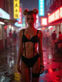 a detailed portrait of intelligent woman actress standing in street wearing fishnet stockings garter straps suspenders black lingerie silk lingerie black, in a cyberpunk bladerunner vaporwave city, (cyberpunk), city from year 2300, red lights neon, blonde double hair bun