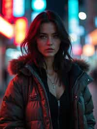 a detailed portrait of hot sexy woman actress wearing jacket, standing in street pose for photo, confident, in a cyberpunk bladerunner vaporwave city, (cyberpunk), city from year 2300