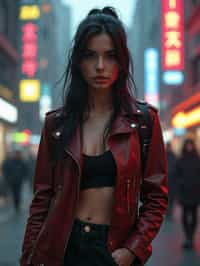 a detailed portrait of hot sexy woman actress wearing jacket, standing in street pose for photo, confident, in a cyberpunk bladerunner vaporwave city, (cyberpunk), city from year 2300