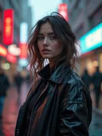 a detailed portrait of hot sexy woman actress wearing jacket, standing in street pose for photo, confident, in a cyberpunk bladerunner vaporwave city, (cyberpunk), city from year 2300