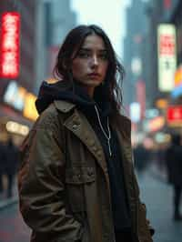 a detailed portrait of hot sexy woman actress wearing jacket, standing in street pose for photo, confident, in a cyberpunk bladerunner vaporwave city, (cyberpunk), city from year 2300