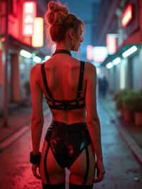 a detailed portrait of intelligent woman actress standing in street wearing black stockings garter straps suspenders black lingerie pvx latex lingerie black, in a cyberpunk bladerunner vaporwave city, (cyberpunk), city from year 2300, red lights neon, blonde double hair bun