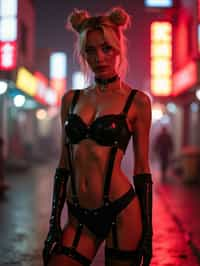 a detailed portrait of intelligent woman actress standing in street wearing black stockings garter straps suspenders black lingerie pvx latex lingerie black, in a cyberpunk bladerunner vaporwave city, (cyberpunk), city from year 2300, red lights neon, blonde double hair bun